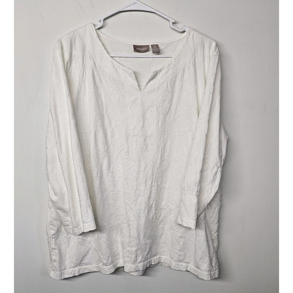 Chicos Womens Size 3 (XL) White  Embroidered Blouse 3/4 Sleeve 100% Cotton Top
